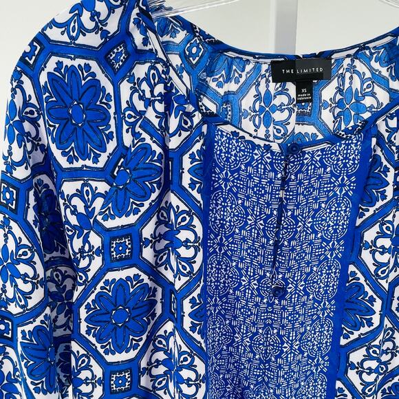 The Limited Blue White Geometric Lightweight Long Sleeve Boho Blouse Top XS - Picture 4 of 9